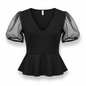 UO Black Peplum Top Sheer Mesh Puff Sleeves V-Neck Blouse 2X Date Night Formal